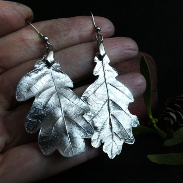 Silver-plated oak earrings